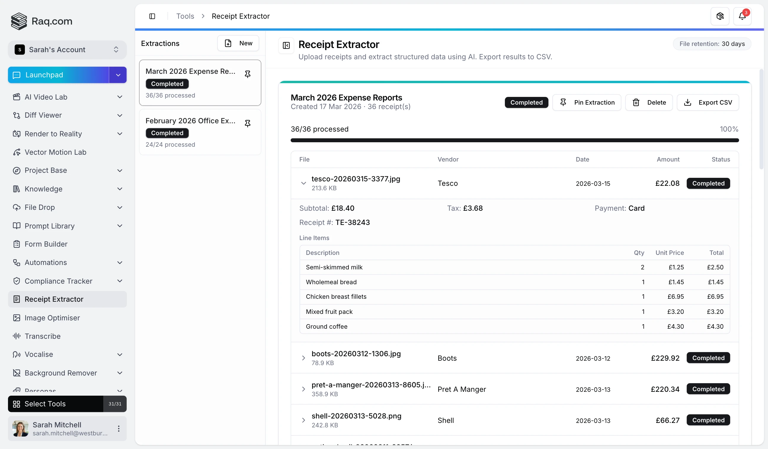 Receipt Extractor interface